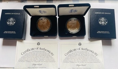 SILVER .999 --TWO --2000-P Proof $1 American Silver Eagles W/ Box, OGP & COA