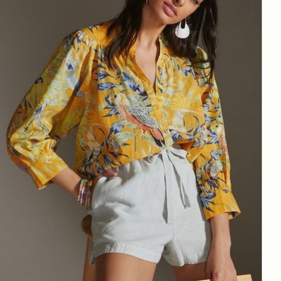 Anthropologie Maeve Puff-Sleeved Floral Butterfly Parrot Buttondown Shirt S