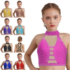 Girls Crop Top Ballet Vest Mesh Patchwork Bra Cheerleading Costume Athletic
