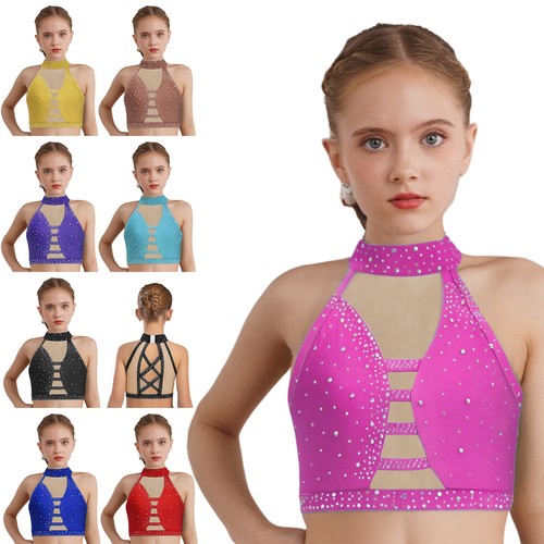 Mädchen Crop Top Eiskunstlauf BH Performance Weste Ballett Kostüm Jazz Modern - Bild 3 von 63