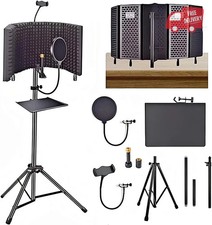 Microphone Isolation Shield with Pop Filter Stand and Phone Clip, Foldable Tri