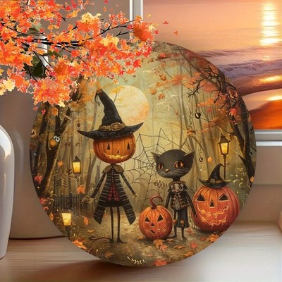 Charming Pumpkin & Black Cat Elf Metal Wall Sign - Tin Metal Signs 8x8'' Round 