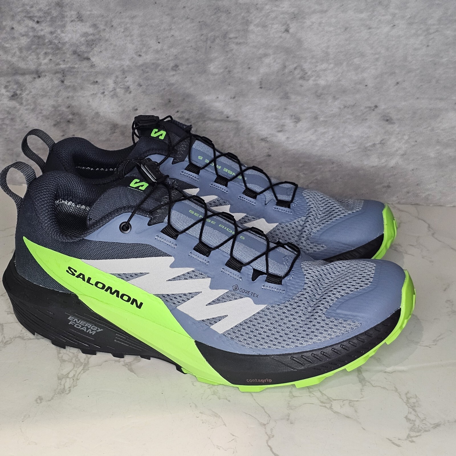 Scarpe Salomon Uomo UK 10 Sense Ride 5 Grigio Verde GTX Trail Hiking Scarpe da Ginnastica NUOVE