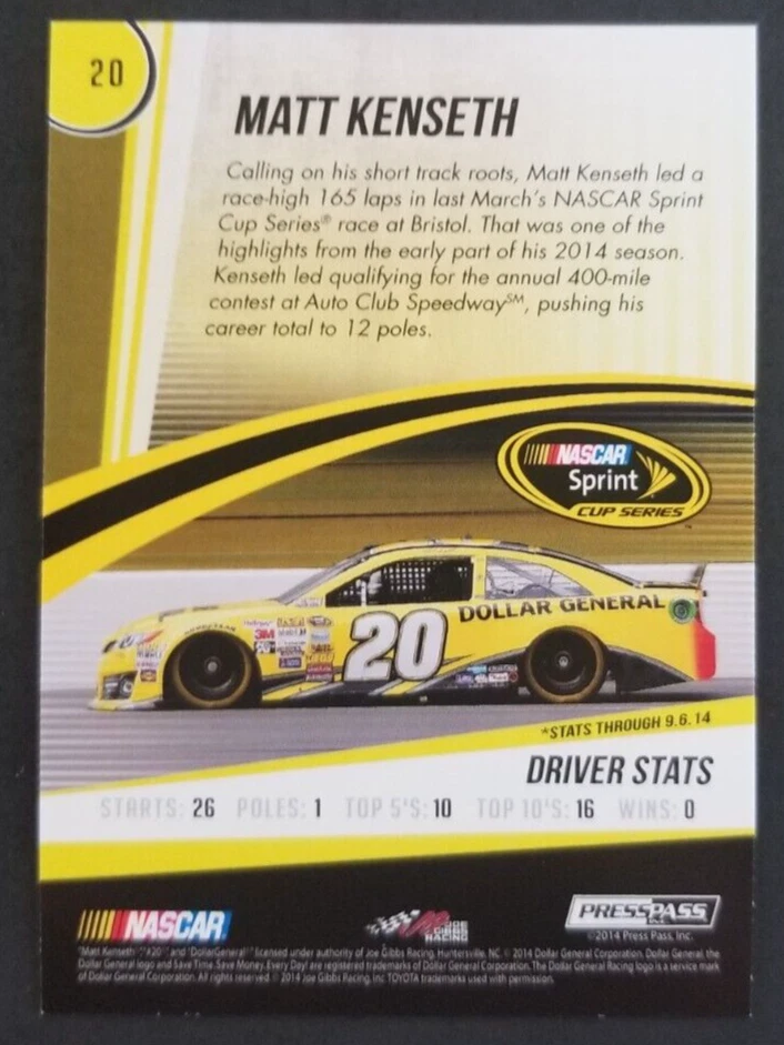 Matt Kenseth 2015 Press Pass NASCAR Racing Card #20 (NM) - Image 2 of 2