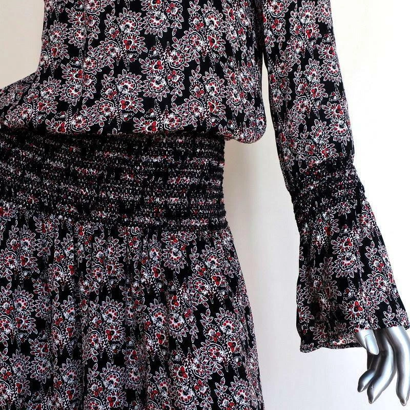 10 Crosby Derek Lam Dress Black/Red Smocked Printed Silk Size 6 Long Sleeve Mini - Image 3 of 4