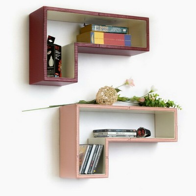 Set Of 2 L Shaped Floating Wall Shelf Faux Leather Contrast