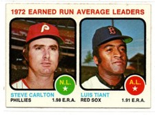 1973 Topps Baseball / 1972 ERA Leaders / Steve Carlton & Luis Tiant #65