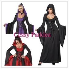 X-E1-3 Black Red Purple Hooded Robe Vampire Witch Fancy Dress Halloween Costume