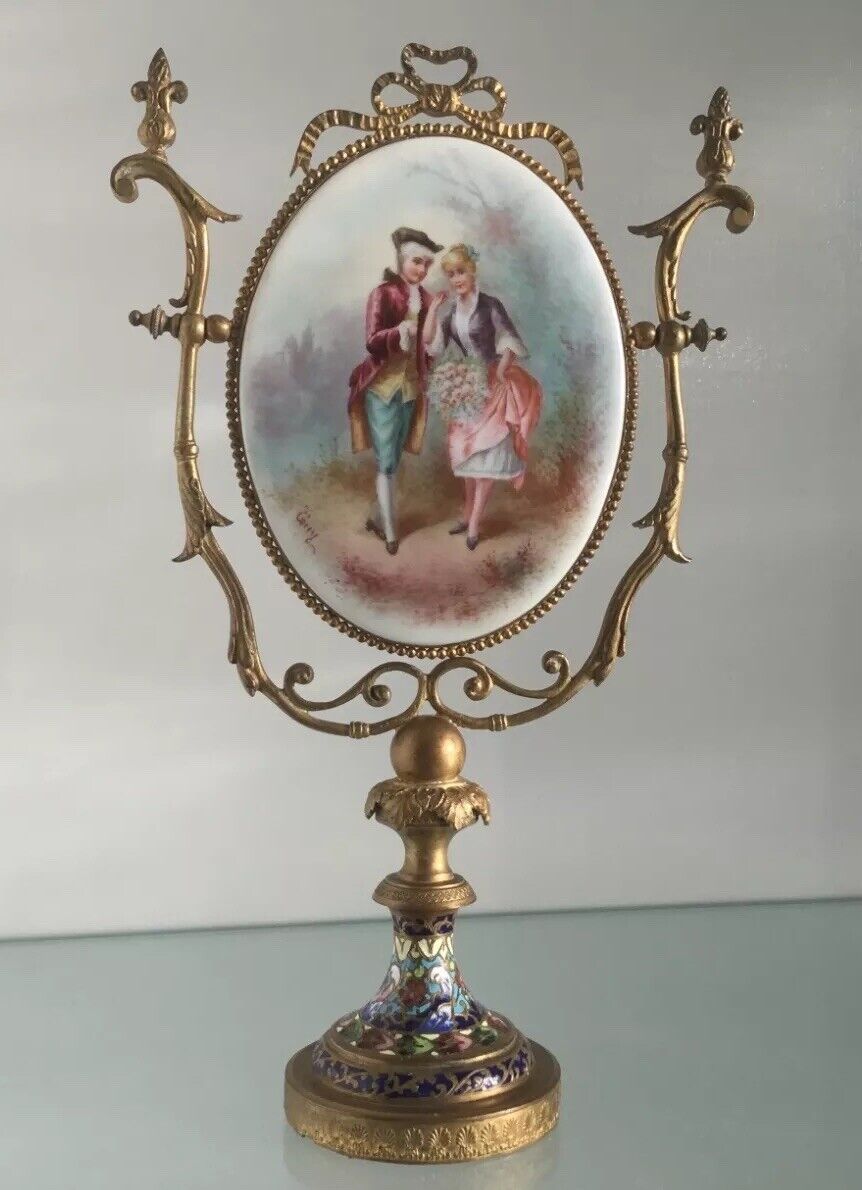 Antique Ormolu Bronze Sevres French Enamel Porcelain Portrait Champleve Mirror 