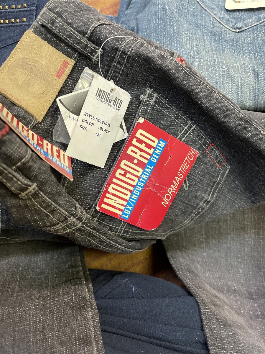 INDIGO RED Lux Industrial Denim Button Fly Acid Wash Jeans
