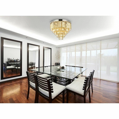 Large Polished Nickel Flush Mount Crystal Light Golden Teak Dining Room Fixture - Picture 3 of 8