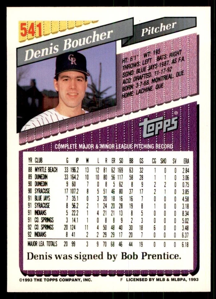 1993 Topps Gold Denis Boucher Baseball Cards #541 - Image 2 of 2