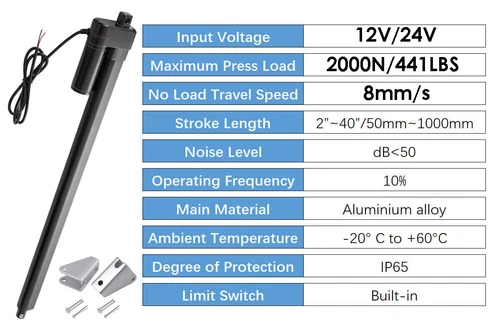 Actuador lineal eléctrico 12V motor 2000N 300mm 500mm 900mm IP65 - Imagen 2 de 45