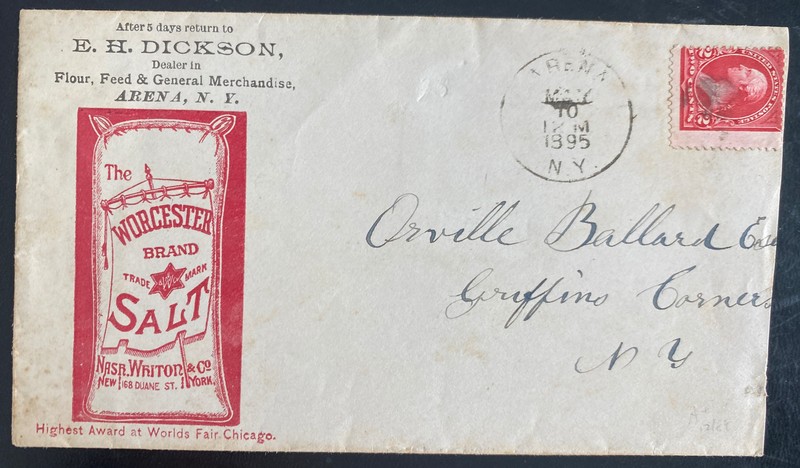 1895 Arena NY USA Advertising Cover To Griffin corners NY Worcester Salt