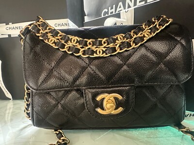 New 25P CHANEL Black Caviar Mini Rectangular CC Chain Top Handle