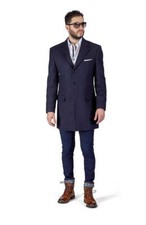 Navy Blue Wool 3 Button Mens Overcoat Notch Lapel 3/4 Topcoat Slim Fit AZAR