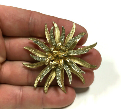 Vtg CORO Rhinestone Satin Gold Flower Brooch SEA ANEMONE Pave