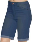 Womens New Stretch Denim Dark Blue High Rise Jean Shorts Turn Up Ladies