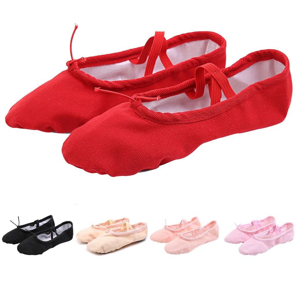 Girls Ballet Elastic Band Dance Shoes Canvas Gymnastics Flats Split Sole Shoes