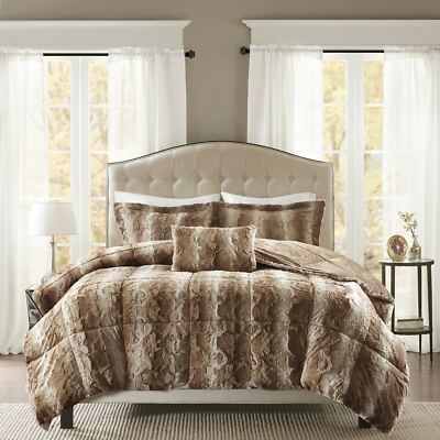 Beige Tan Brown Ombre Striped Faux Fur 4pc Comforter Set Full Queen King Bedding