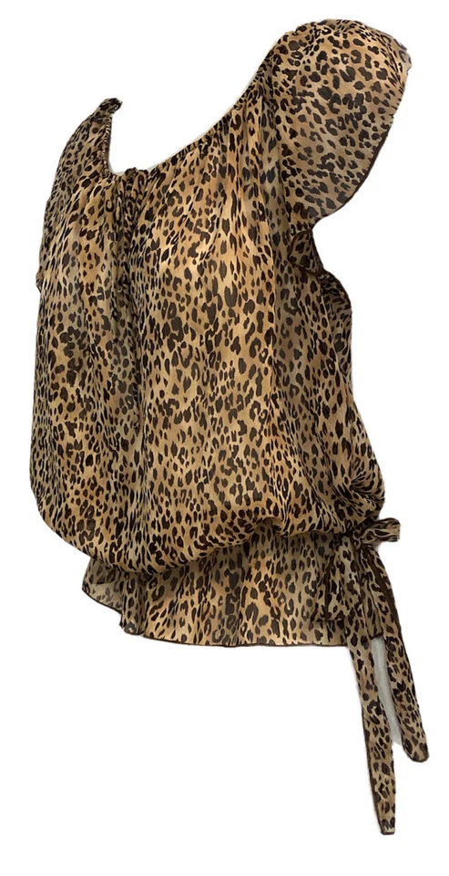 Y2K Womens Sheer Brown Animal Print Blouse Size small Cinched Waist Mob Wife Top - Image 3 of 4