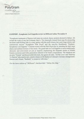 Kashmir - Symphonic Led Zeppelin - 1977 [Holland] - Press Release