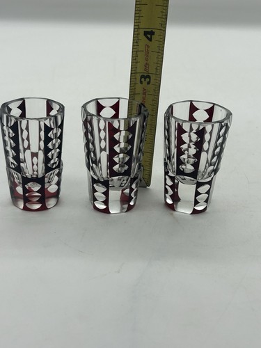 Red Kiriko Cut Glass Cups Set of 3 Taisho Roman Showa Retro - Picture 9 of 9