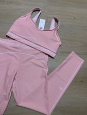 ALO Women's Pink White Bra and Leggings 2 Piece Activewear Set Size L