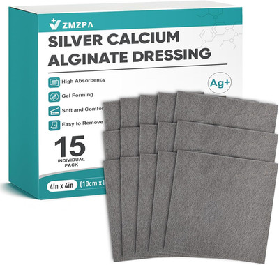 Ag Silver Calcium Alginate Wound Dressing 4'' X 4'', Non Stick Pads for Wounds, So