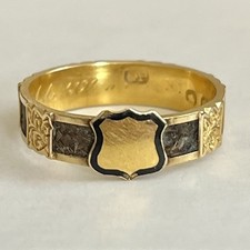 18ct Gold Mourning Ring Antique Victorian 1869 Hairwork Shield Design Size M.5