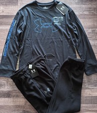 NWT Under Armour Boys YMD Black/Blue/White L/S Brushed Fleece Pants Set Medium