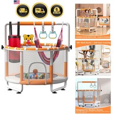 55" Kids Indoor Trampoline with Safety Net, Adjustable Gymnastics Bar  Toys ...
