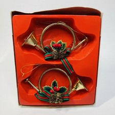 2 - Brass Horn Christmas Ornaments French Horn Trumpet 4.5" x 2.5" Vintage