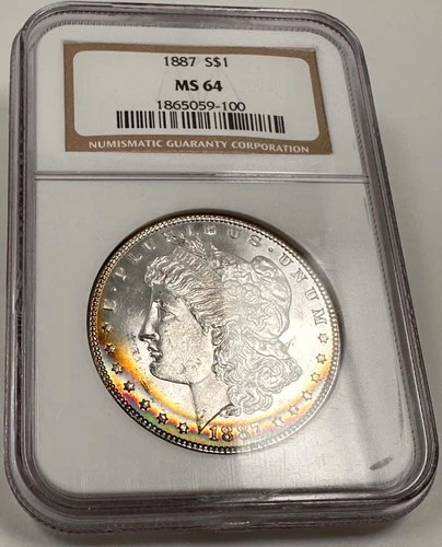 1887-P MORGAN DOLLAR / BEAUTIFUL RAINBOW CRERSCENT TONED OBVERSE / NGC MS64