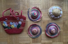 Collection of Vintage Straw Children’s Doll Hats and Bag Job Lot