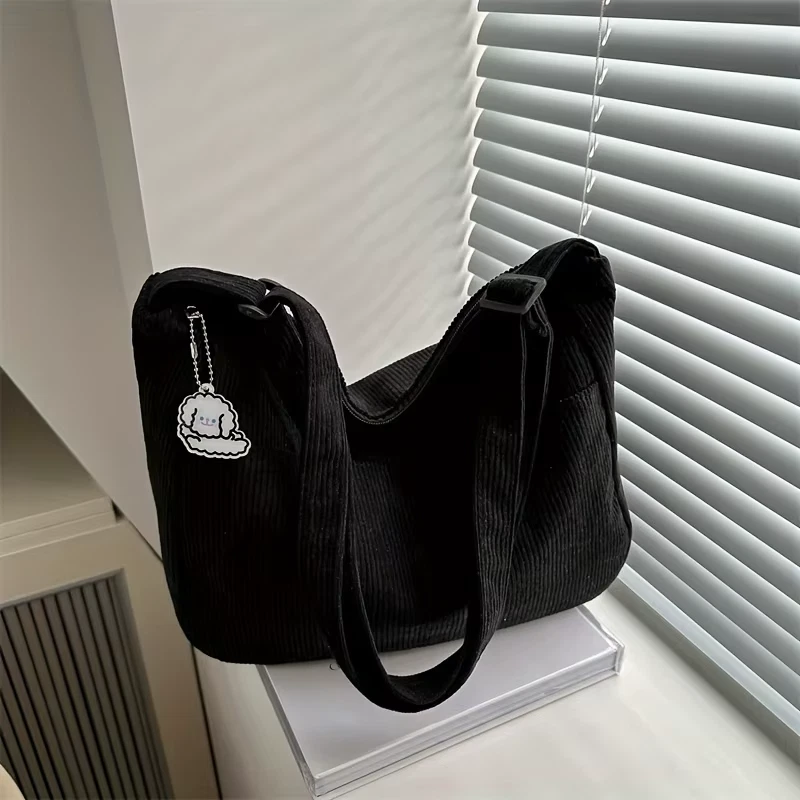 Women Corduroy Shoulder Bag Striped Tote Large Capacity Zipper Casual Purse - Image 2 of 4