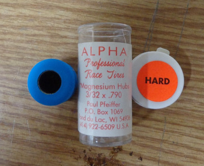Alpha Red Dot Race Tires Blue, Hard 3/32 x .790 Magnesium Hubs. New Old Stock