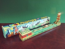 1950's Arnold Tin Wind-up Cap Electric Lighthouse Boat Ship w/ Or. Box