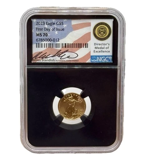 2023 $5 Gold American Eagle 1/10 oz NGC MS70 First Day Issue Hand Signed Label