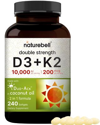 	Vitamin D3 K2 10000 IU Vitamin D + 200mcg Vitamin K MK-7 240 Softgels	