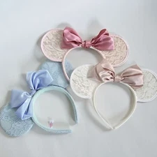 Tokyo Disney Resort Headband Set Lace Ears Blue Pink White Satin Bow Japan 3pc