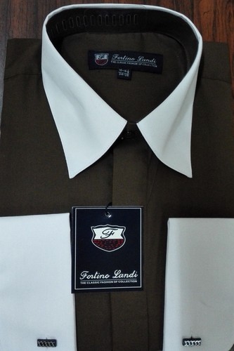 Men's DressShirt 65% Polyester 35%Cotton Two Tone Solid Color French Cuff SG03F2 - Picture 4 of 11