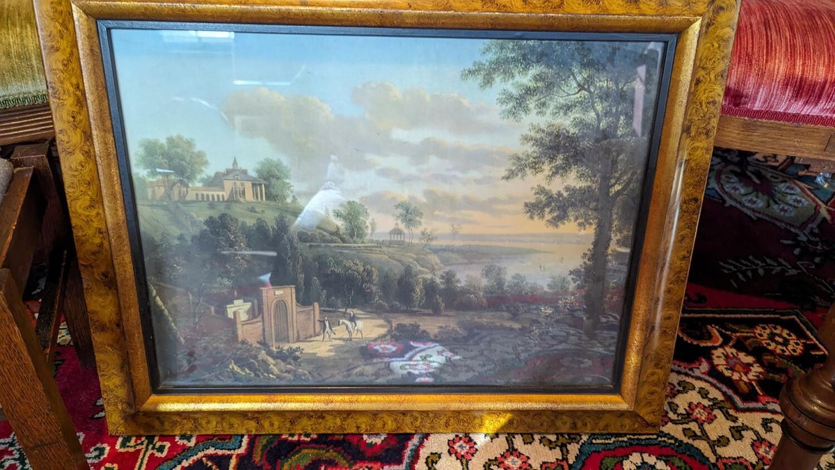 Vintage Pastoral Landscape Print in Burlwood Frame 25.5 Vintage Pastoral Landscape Print in Burlwood Frame 25.5