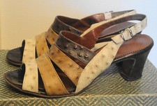 70s Vintage Brown Ostrich Print Leather Open Toe Shoes 9 M
