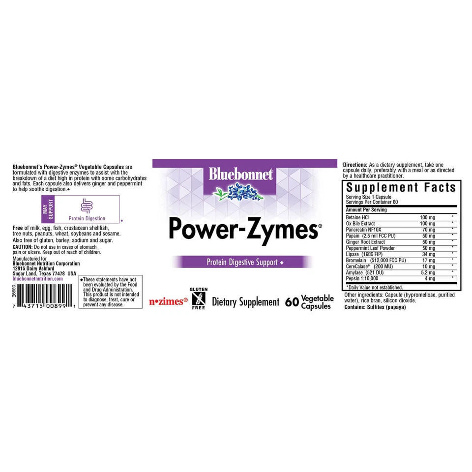 Bluebonnet Power-Zymes 60 Cápsulas Vegetales, Proteína Apoyo Digestivo Foto 4 de 4