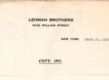 1925 Lehman Brothers COTY INC  Letter Regarding Stock Purchase NEW YORK CITY