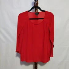 AB Studio women's size L top red scoop neck 3/4 sleeves gathered shoulders