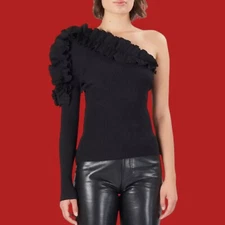 ZIMMERMANN "Concert" Asymmetric Ruffle Top in Black ribbed knit blouse 3 L 1B