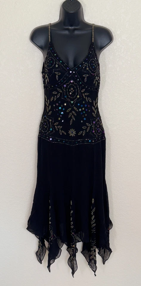 Vestido Sue Wong Nocturne Seda Talla 4 Cuentas Floral Bufanda Hada Grunge Oscuro Romance Foto 2 de 4