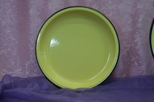 Lot De 4 Plats Ronds Anciens En Tôle émaillée - Vert, Jaune, Blanc - Vintage Années 40